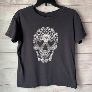 Fifth Sun Dark Gray and White Sugar Skull Tee Shirt Floral Lace Size Medium